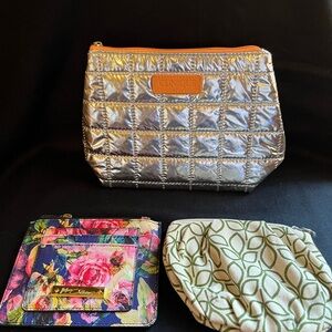 Clinique Silver Bag,Betsy Johnson credit card holder, and green and cream bag